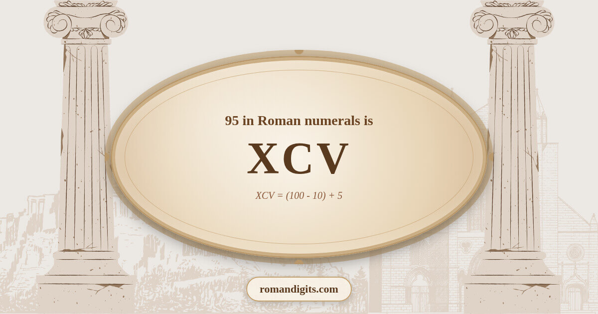 Visualization of the Roman numeral XCV representing the number 95